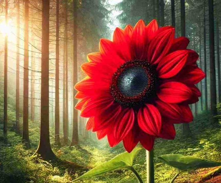 A brilliant red sunflower blooming amidst green foliage, standing tall under the warm sunlight.